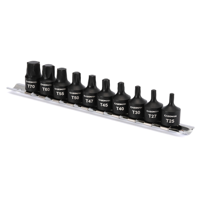 CASOMAN 10-Piece 3/8" Drive Low Profile Impact Torx Bit Socket Set, Includes Storage Rail, CR-MO Steel, Designed for Impact Use