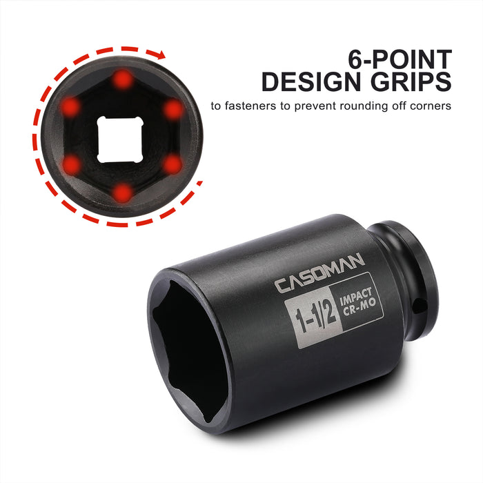 CASOMAN 6-Point 1/2-Inch Drive Deep Impact Socket- 1-1/2" (SAE),1/2-inch Drive 6 Point Axle Nut Socket for Easy Removal of Axle Shaft Nuts (1-1/2")