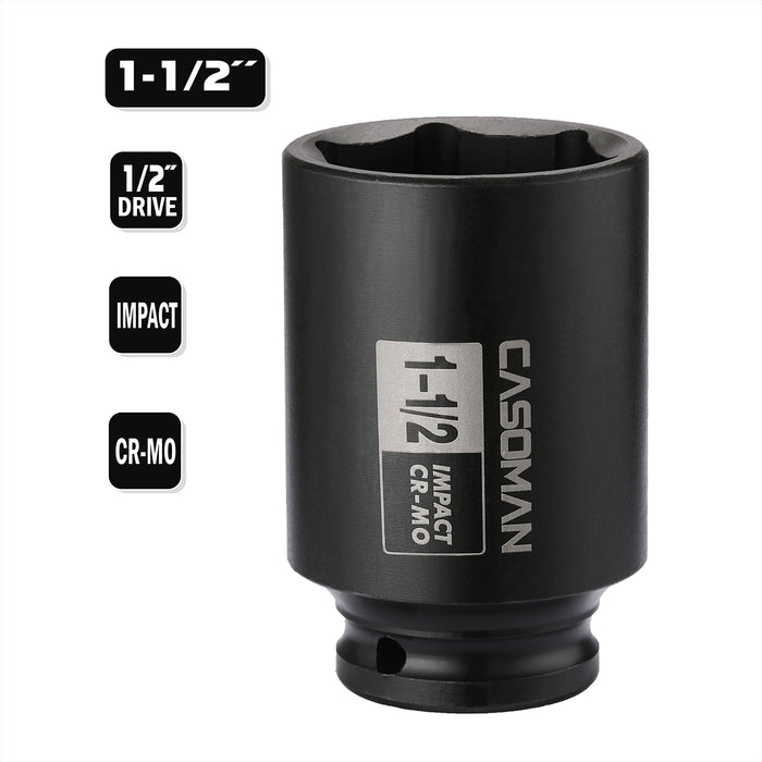 CASOMAN 6-Point 1/2-Inch Drive Deep Impact Socket- 1-1/2" (SAE),1/2-inch Drive 6 Point Axle Nut Socket for Easy Removal of Axle Shaft Nuts (1-1/2")