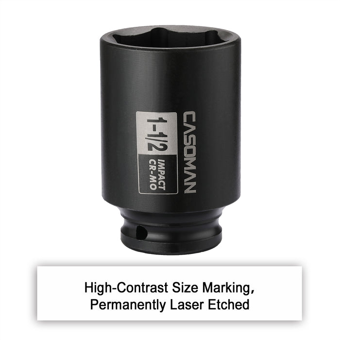 CASOMAN 6-Point 1/2-Inch Drive Deep Impact Socket- 1-1/2" (SAE),1/2-inch Drive 6 Point Axle Nut Socket for Easy Removal of Axle Shaft Nuts (1-1/2")