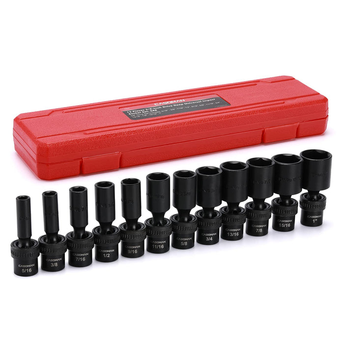 CASOMAN 12 Pieces 3/8-Inch Drive Deep Universal Impact Socket Set, SAE, 5/16"-1", CR-MO, Swivel Socket
