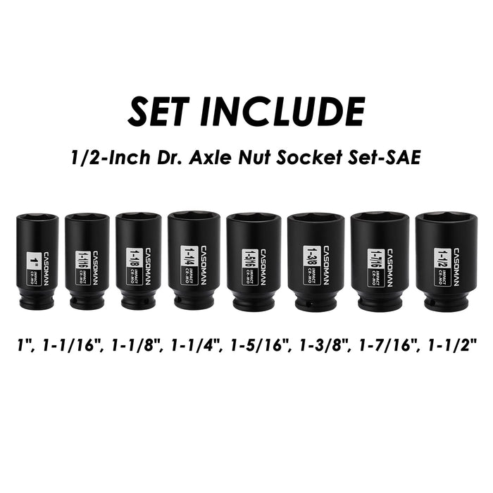 CASOMAN 1/2-Inch Drive Deep Spindle Axle Nut Impact Socket Set, 6 Point, CR-MO, SAE, 1" to 1-1/2", 8-Piece 1/2" Dr. Deep Impact Socket Set