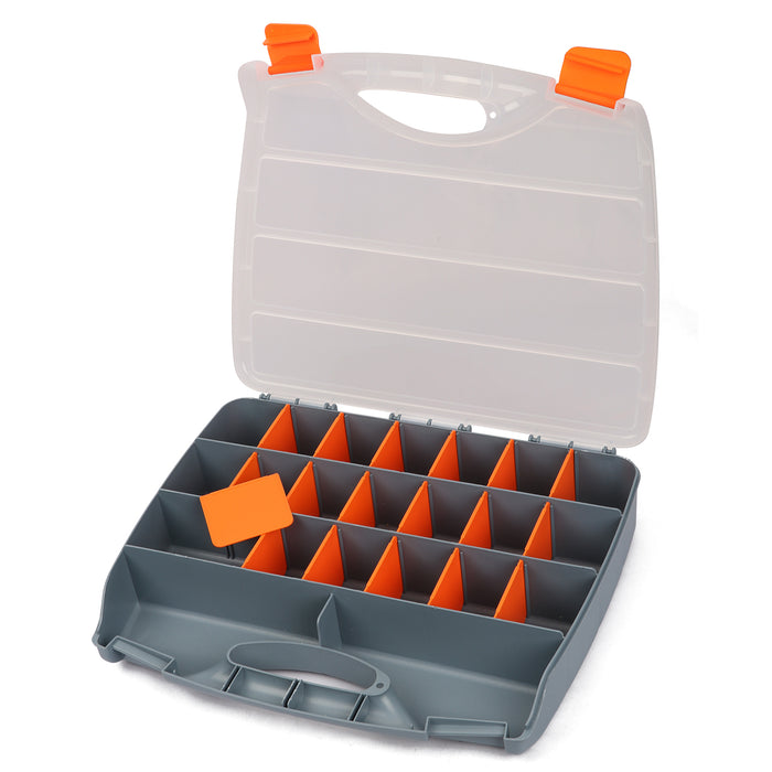 CASOMAN Hardware Box Storage. Organizer Container with Handle and Clear Lid, 21 Adjustable Compartments and 2 Fixed Sections Excellent for Small Parts