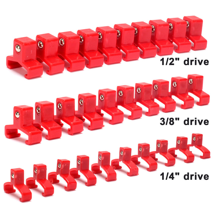 CASOMAN 30-Piece Socket Clip Set, 1/2-inch, 3/8-inch,1/4-inch Red Spring Loaded Ball Bearing Socket Clips