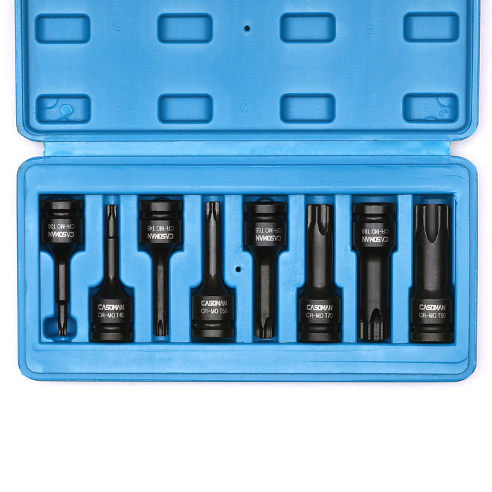 CASOMAN 1/2" Drive Torx Driver Impact Socket Set Chrome-Molybdenum Steel, T30-T90, Extended Length 8 Piece Impact Torx Bits Set