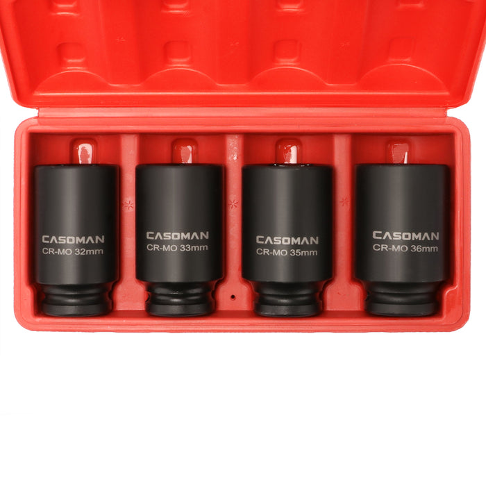 CASOMAN 1/2'' Drive Deep Spindle Axle Nut Impact Socket Set, 6 Point,Heavy Duty Use In Removing And Installing Axle Nuts