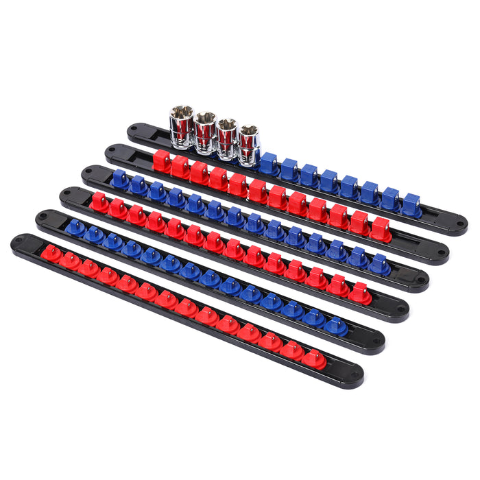 CASOMAN 6PC 360° Swivel ABS Socket Organizer, 1/4-Inch, 3/8-Inch, 1/2-Inch, Premium Quality Socket Holders (6-Piece Set, Blue & Red)