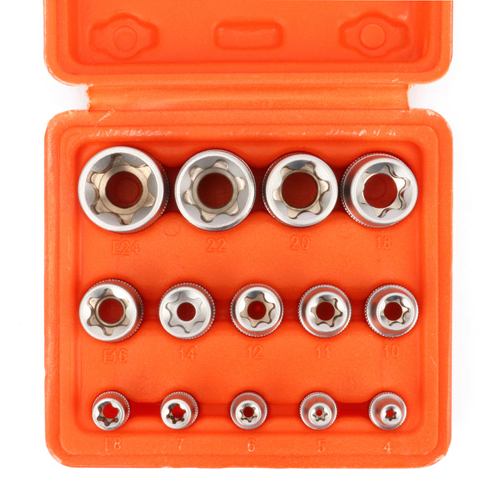 CASOMAN 14 Pieces Female E-TORX Star Socket Set with Rail, Female External Star Socket Set, , E4 - E24 Torque Socket Set, 1/4"Dr. 3/8"Dr. 1/2"Dr.