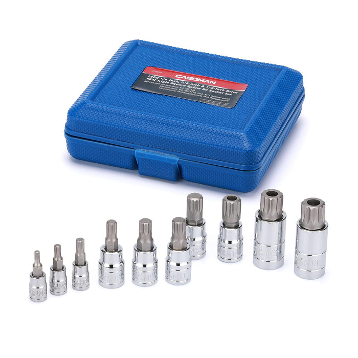 CASOMAN 10PCS 1/4-Inch, 3/8-Inch & 1/2-Inch Drive XZN Triple Square Spline Bit Socket Set, M4-M18, 12 Point Tamper Proof, Cr-V Sockets and S2 Steel Bits