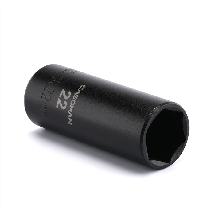 CASOMAN 1/2-Inch Drive Deep Impact Socket- 22mm, 6-Point, Metric, CR-V