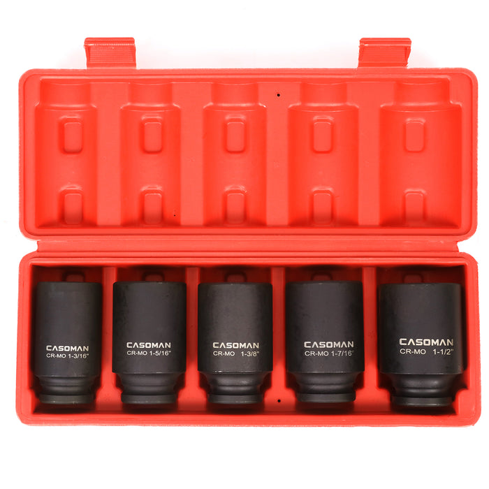 CASOMAN 1/2-Inch Drive Deep Spindle Axle Nut Impact Socket Set, 1/2" Drive Deep Impact Socket Set, 5 Piece Axle Socket Set