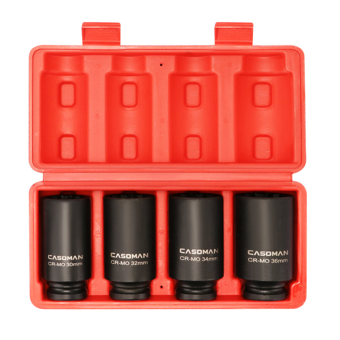 CASOMAN 1/2-Inch Drive Deep Spindle Axle Nut Impact Socket Set,12 Point, Metric, CR-MO, 30,32,34,36mm, 4-Piece 1/2" Heavy Duty Impact Socket Set