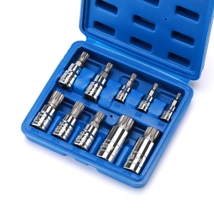 CASOMAN 10PCS 1/4-Inch, 3/8-Inch & 1/2-Inch Drive XZN Triple Square Spline Bit Socket Set, M4-M18, 12 Point Tamper Proof, Cr-V Sockets and S2 Steel Bits