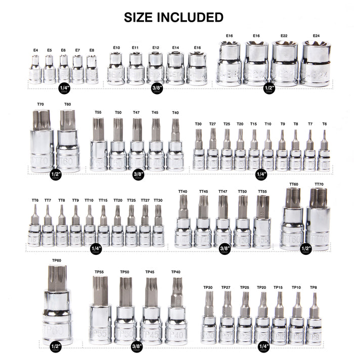 CASOMAN Master Torx Bit Socket and External Torx Socket Set, 60-Piece Set, S2 and Cr-V Steel，E4-E24, T6-T70,TT6-TT70,TP8-TP60