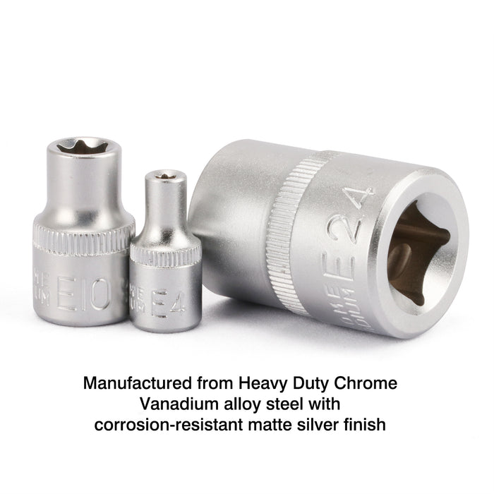 CASOMAN 14 Pieces Female E-TORX Star Socket Set with Rail, Female External Star Socket Set, , E4 - E24 Torque Socket Set, 1/4"Dr. 3/8"Dr. 1/2"Dr.