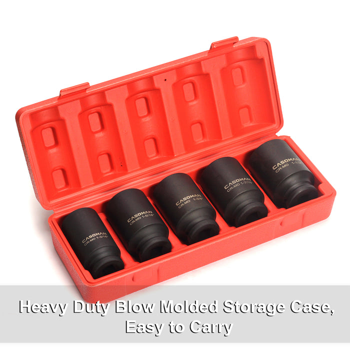 CASOMAN 1/2-Inch Drive Deep Spindle Axle Nut Impact Socket Set, 1/2" Drive Deep Impact Socket Set, 5 Piece Axle Socket Set