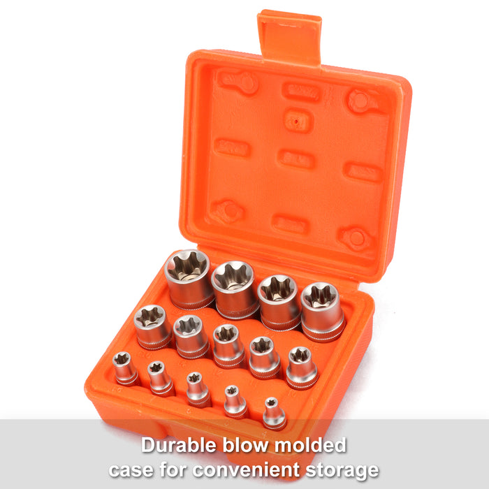 CASOMAN 14 Pieces Female E-TORX Star Socket Set with Rail, Female External Star Socket Set, , E4 - E24 Torque Socket Set, 1/4"Dr. 3/8"Dr. 1/2"Dr.