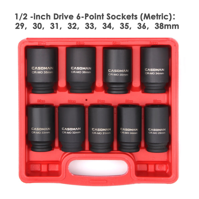 CASOMAN 1/2- Inch Drive Deep Spindle Axle Nut Impact Socket Set, 6 Point, CR-MO, Metric, 29mm-38mm, 9-Piece 1/2" Dr. Deep Impact Socket Set