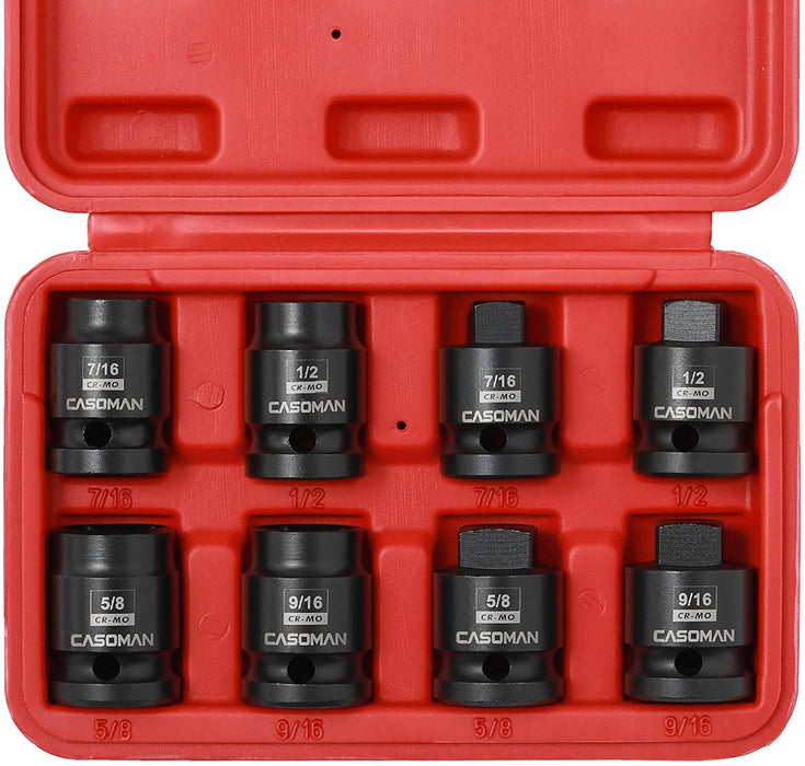 CASOMAN 8PCS 1/2-Inch Drive Pipe Plug Socket Set,SAE,Male/Female Set,7/16",1/2",5/8",9/16",Tapered Male Square Drive,Chamfered Female Square Drive