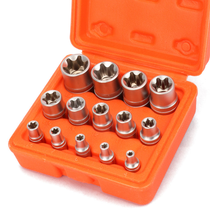 CASOMAN 14 Pieces Female E-TORX Star Socket Set with Rail, Female External Star Socket Set, , E4 - E24 Torque Socket Set, 1/4"Dr. 3/8"Dr. 1/2"Dr.
