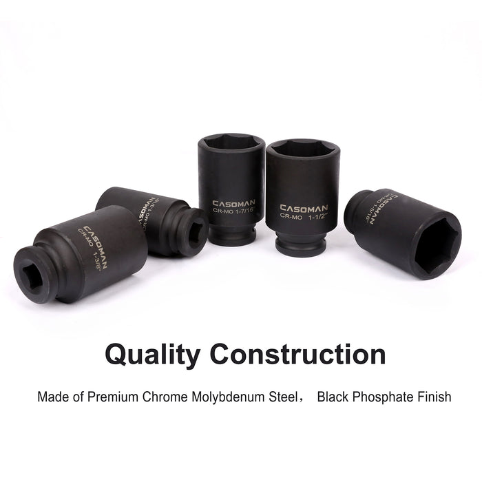 CASOMAN 1/2-Inch Drive Deep Spindle Axle Nut Impact Socket Set, 1/2" Drive Deep Impact Socket Set, 5 Piece Axle Socket Set