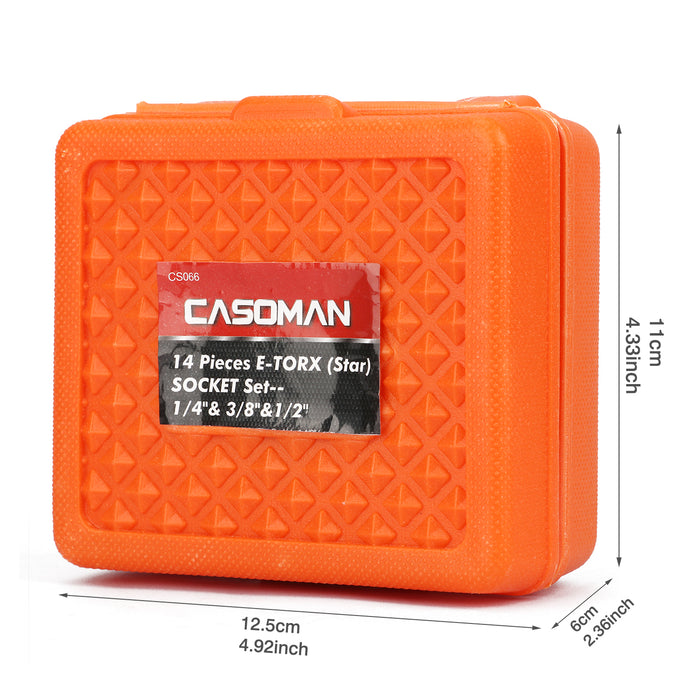 CASOMAN 14 Pieces Female E-TORX Star Socket Set with Rail, Female External Star Socket Set, , E4 - E24 Torque Socket Set, 1/4"Dr. 3/8"Dr. 1/2"Dr.