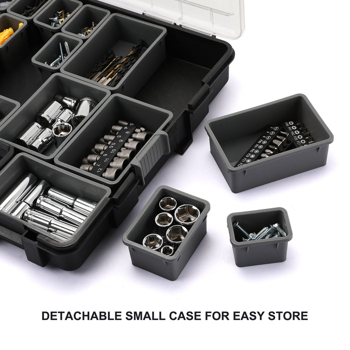 CASOMAN Transparent Portable Organizer, with 25 Removable & Deep Bins, Hardware & Parts Organizers, Versatile and Durable，16.5" L x 13.4" W x 2.4" H