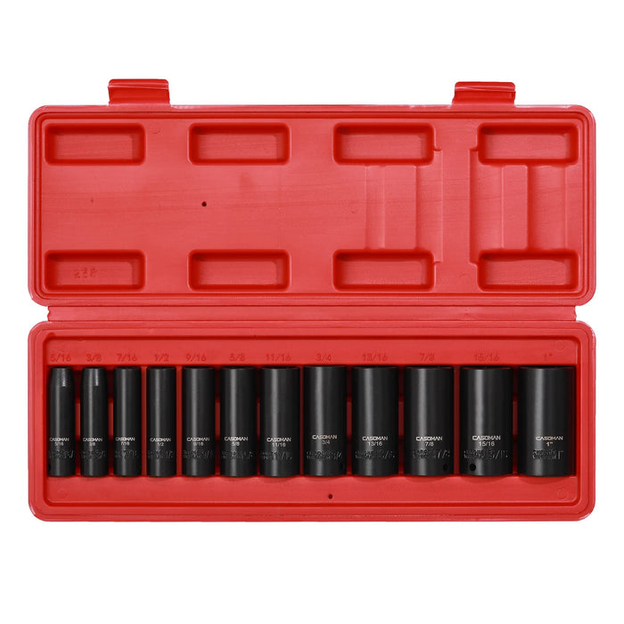 CASOMAM 12 Pieces 3/8-Inch Drive Impact Socket Set, 6-Point, SAE, Deep, CR-V, 5/16" to 1", Heavy Duty Blow Molded Storage Case