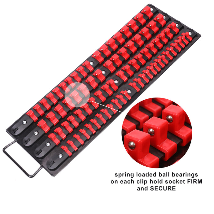 CASOMAN 80-Piece Portable Socket Organizer Tray, 1/4-Inch, 3/8-Inch, 1/2-Inch,Heavy Duty Socket Rail, Black Rails with Red Clips