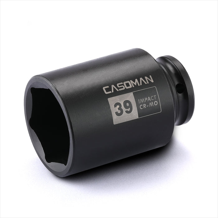 CASOMAN 1/2" Drive x 39 mm Deep 6 PT Impact Socket, CR-MO, 1/2-inch Drive 6 Point Axle Nut Socket for Easy Removal of Axle Shaft Nuts (39MM)