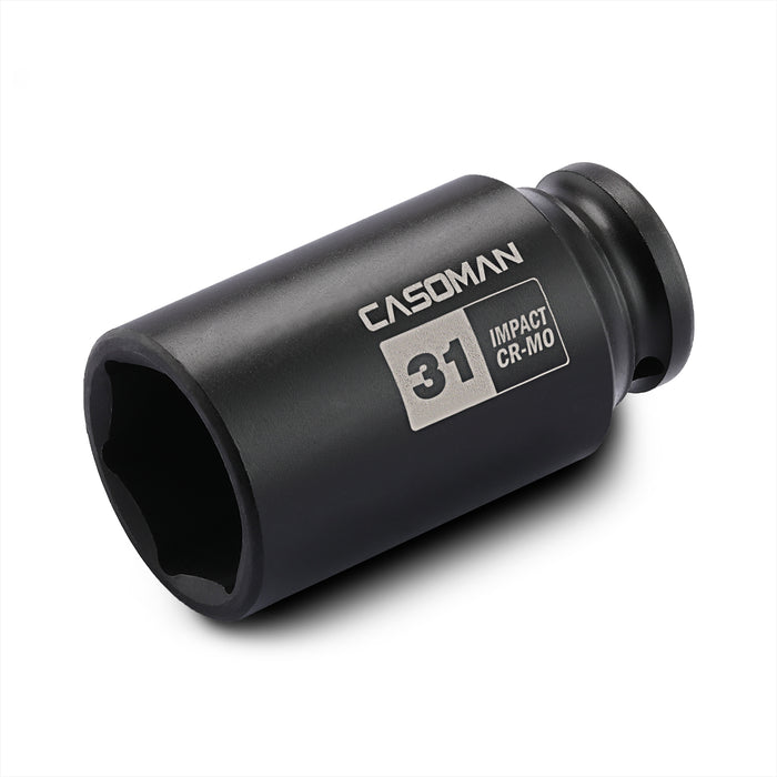 CASOMAN 1/2-Inch Drive 6 Point Axle Nut Socket (31MM) - Extra Deep Impact Socket for Easy Removal of Axle Shaft Nuts