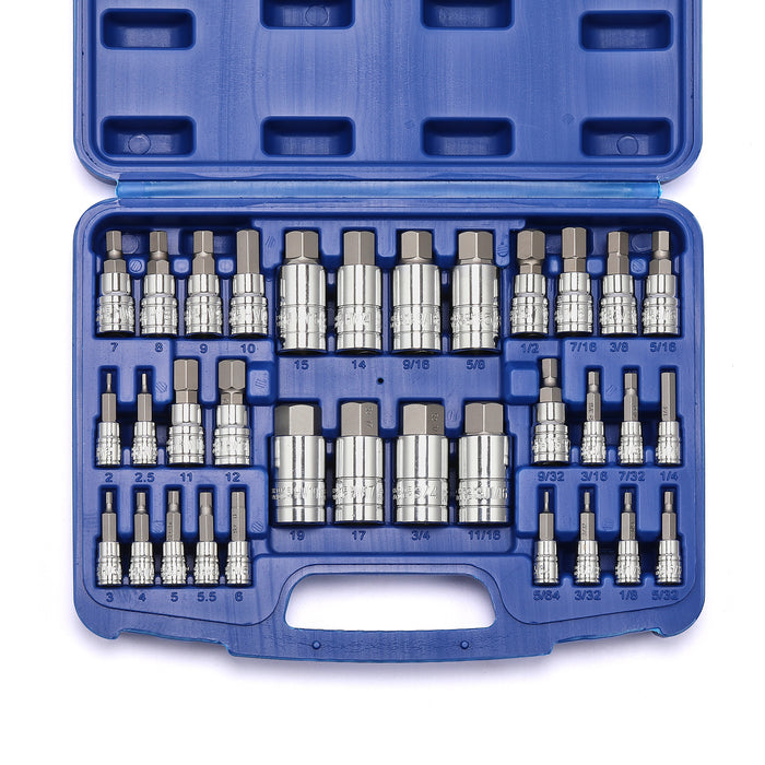 CASOMAN 33 Piece Master Hex Bit Socket Set, S2 Steel, SAE And Metric, Allen Socket Bit, 5/64-inch to 3/4-inch, 2mm to 19mm Socket Tool Kit