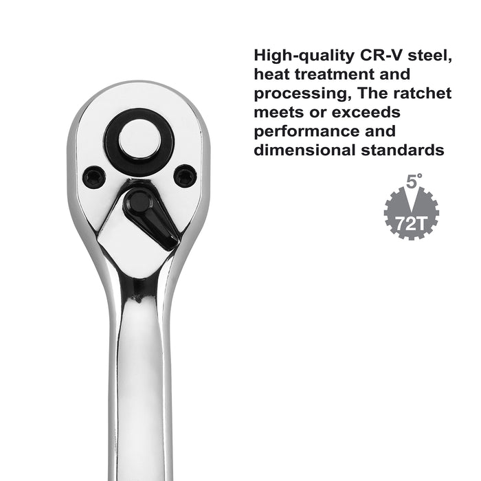 CASOMAN 1/4-Inch Drive Curved Quick Release 72-Tooth Ratchet, Socket Ratchet Wrench, Ratchet handle, Release Gear Spanner Tool, CR-V