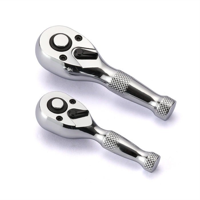 CASOMAN 2pcs 1/4-Inch & 3/8-Inch Drive Stubby Ratchet Set, CR-V, 72-Tooth Quick-Release Ratchet Handle Set, Silver