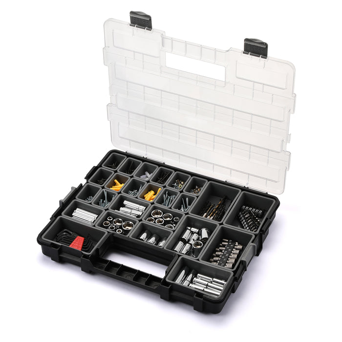 CASOMAN Transparent Portable Organizer, with 25 Removable & Deep Bins, Hardware & Parts Organizers, Versatile and Durable,16.5" L x 13.4" W x 2.4" H