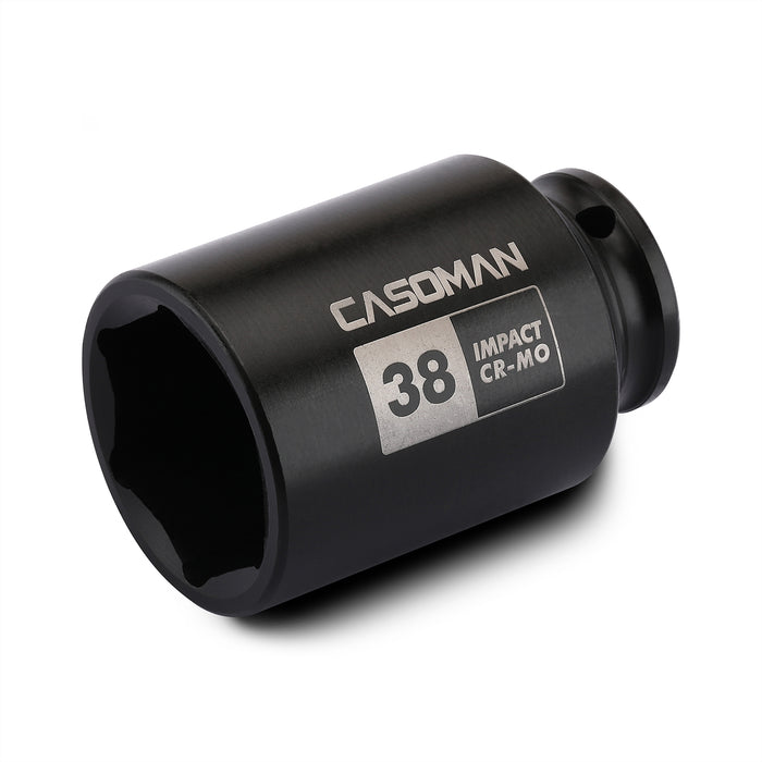CASOMAN 1/2" Drive x 38 mm Deep 6 PT Impact Socket, CR-MO, 1/2-inch Drive 6 Point Axle Nut Socket for Easy Removal of Axle Shaft Nuts (38MM)