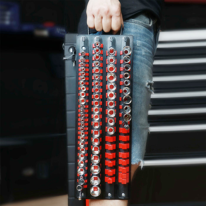 CASOMAN 80-Piece Portable Socket Organizer Tray, 1/4-Inch, 3/8-Inch, 1/2-Inch,Heavy Duty Socket Rail, Black Rails with Red Clips