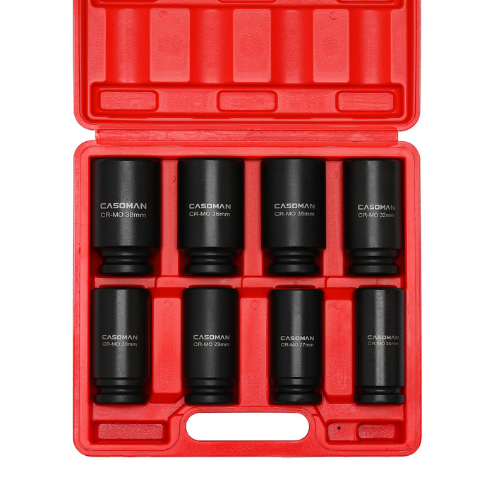 CASOMAN 8 Pieces 3/4-Inch Drive Deep Impact Socket Set,CR-MO, Metric, 6-Point,26mm to 38mm,Radius Corner Design,3/4" Dr. Heavy Duty Impact Socket Set