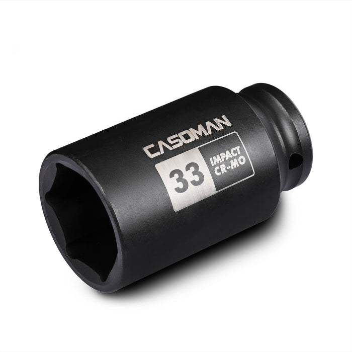 CASOMAN 1/2" Drive x 33 mm Deep 6 PT Impact Socket, CR-MO, 1/2-inch Drive 6 Point Axle Nut Socket for Easy Removal of Axle Shaft Nuts (33MM)