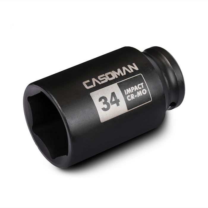 CASOMAN 1/2" Drive x 34 mm Deep 6 PT Impact Socket, CR-MO, 1/2-inch Drive 6 Point Axle Nut Socket for Easy Removal of Axle Shaft Nuts (34MM)