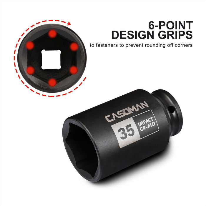 CASOMAN 1/2" Drive x 35 mm Deep 6 PT Impact Socket, CR-MO, 1/2-inch Drive 6 Point Axle Nut Socket for Easy Removal of Axle Shaft Nuts (35MM)