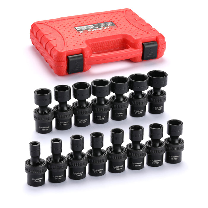 CASOMAN 15 PCS 3/8" Drive Shallow Universal Impact Socket Set, 6 Point, CR-MO, Metric,8-22mm, Swivel Socket