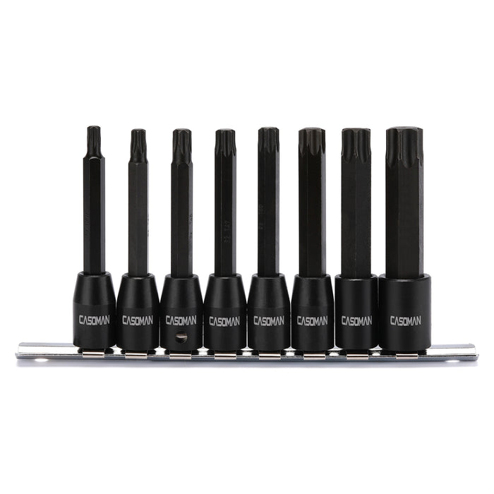 CASOMAN 8 Piece 3/8” Drive Extra Long Torx Star Bit Socket Set, T30-T70, S2 Steel, 3.5-inch Length Torx Bit in 3/8-inch Dr.