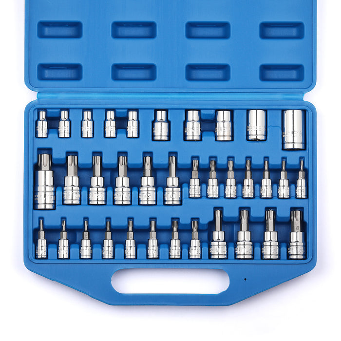 CASOMAN 35 Pieces Torx Bit Socket and External Torx Socket Set, 25 Star Socket Bits (T8- TT55) & 10 Female E-Torx Sockets (E4-E18)