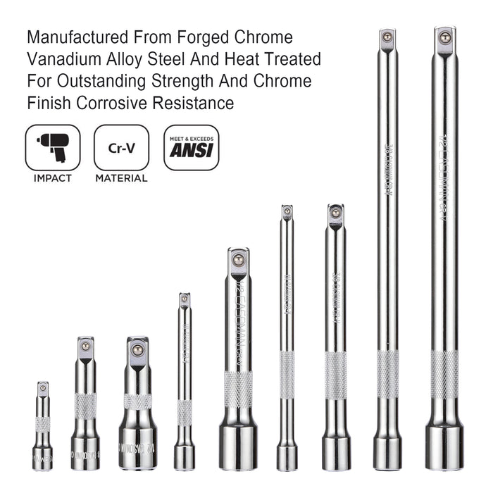 CASOMAN 9 Pieces Socket Extension Bar Set, 1/4"Dr. 3/8"Dr. 1/2" Dr. Premium Chrome Vanadium Steel with Mirror Chrome Finish
