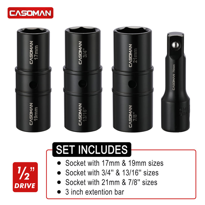 CASOMAN 1/2"Dr. Flip Lug Nut Socket Set, Wheel Flip Impact Sockets, Fit 17mm, 19mm, 21mm, 7/8", 3/4", 13/16" Lug Nuts and 3-inch extension bar