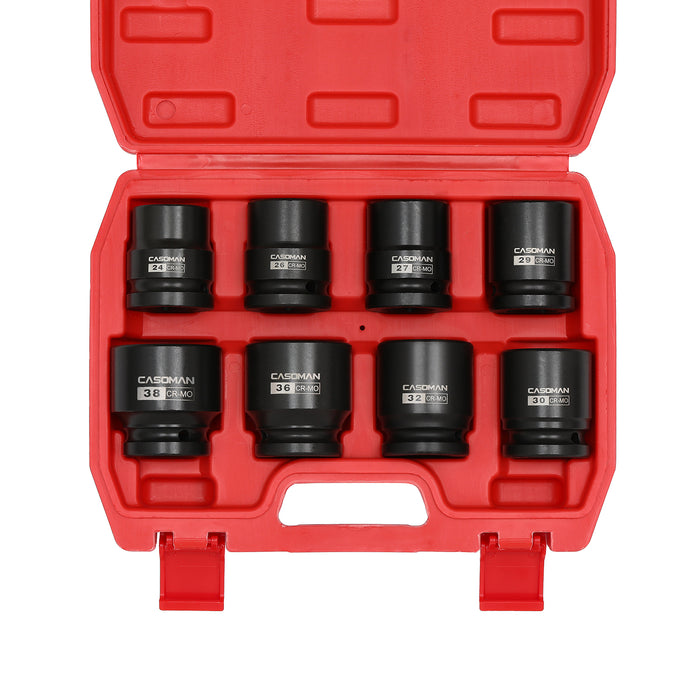 CASOMAN 3/4 Inch Drive Heavy Duty Shallow Impact Socket Set, 8-Piece Set, CR-MO, Shallow, 24-38mm, Metric, Spindle Axle Nut Impact Socket Set, 6-Point