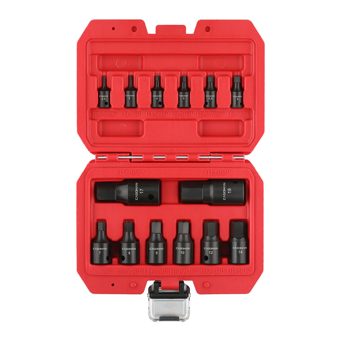 CASOMAN Impact Hex Bit Socket Set, 14-Piece Set, 1/4", 3/8" and 1/2"Drive, Metric, Cr-Mo, 2.5mm to 19mm