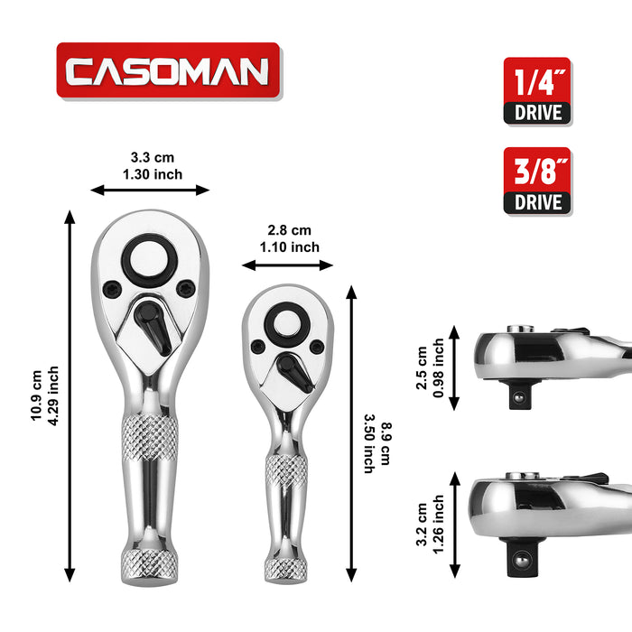 CASOMAN 2pcs 1/4-Inch & 3/8-Inch Drive Stubby Ratchet Set, CR-V, 72-Tooth Quick-Release Ratchet Handle Set, Silver
