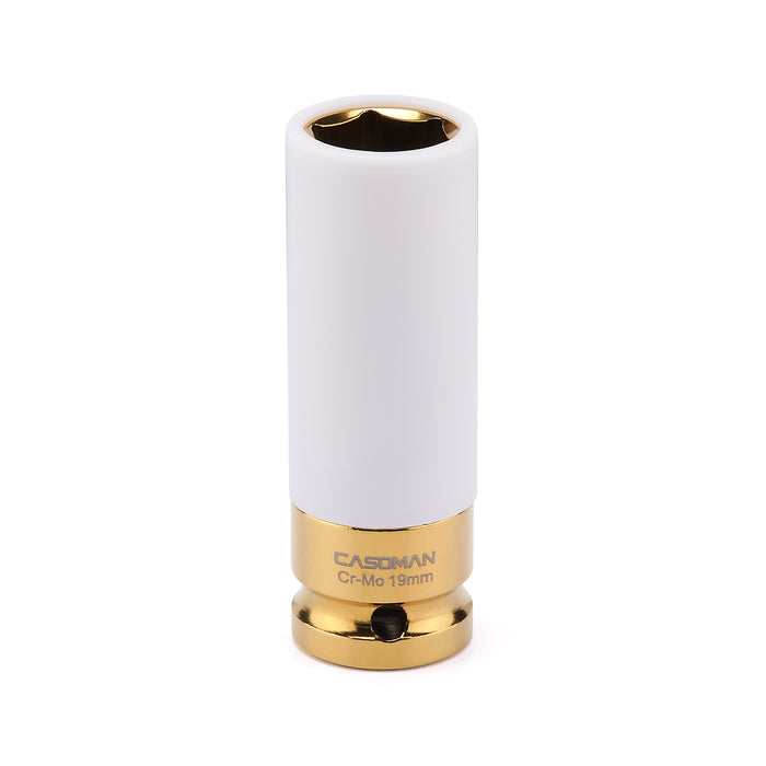 CASOMAN 1/2-Inch Drive Wheel Protector Impact Socket-19mm,Thin Wall Deep Impact Socket, 6-Point, Non-Marring, Color-Coded, Laser-Etched,Metric, CR-MO